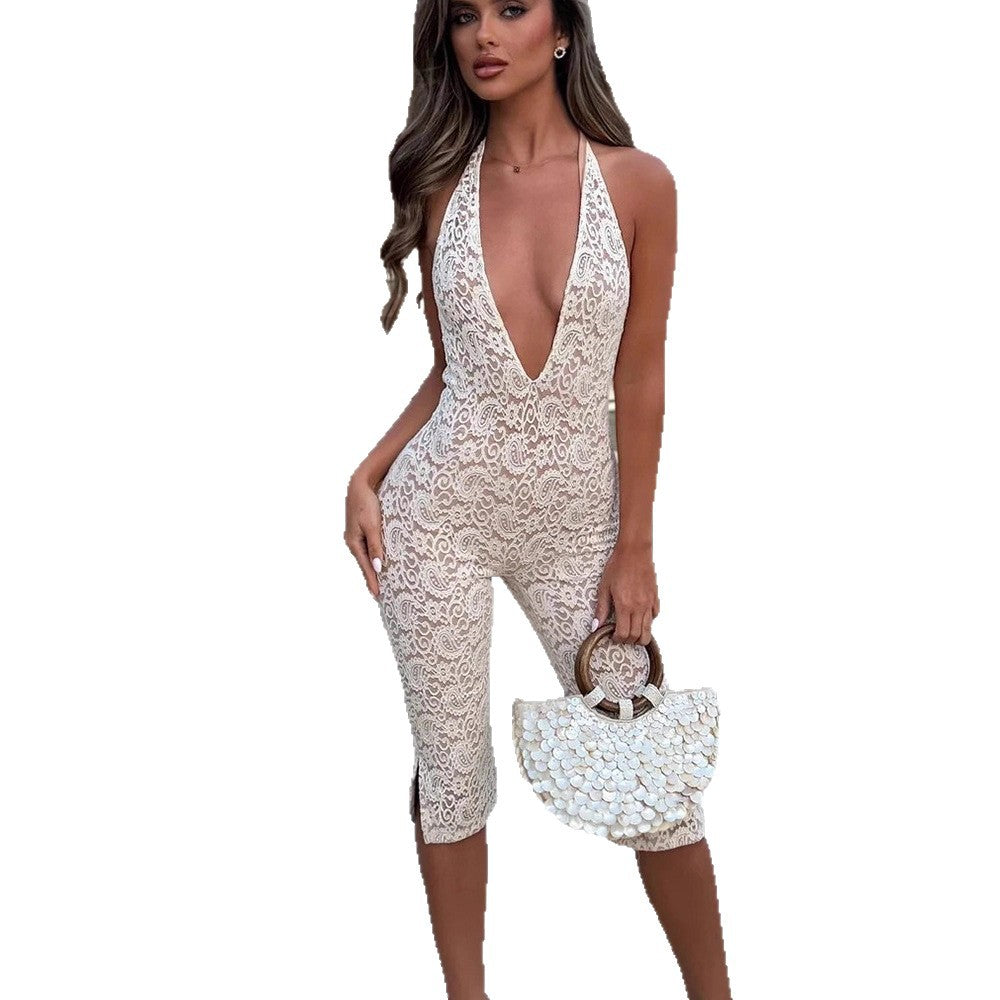 Fashion Lace V-neck Patchwork Halter Lace-up Bare Back