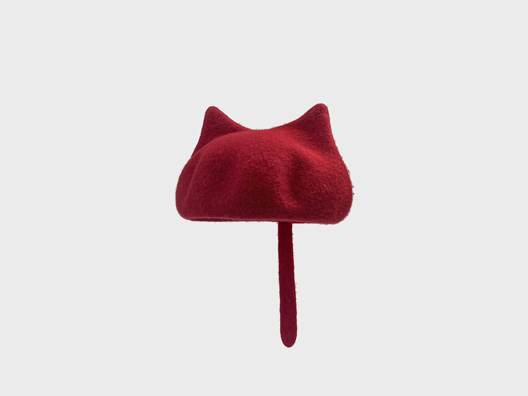 Cute Little Tail Cat Ears Wool Beret Fashion Octagonal Cap