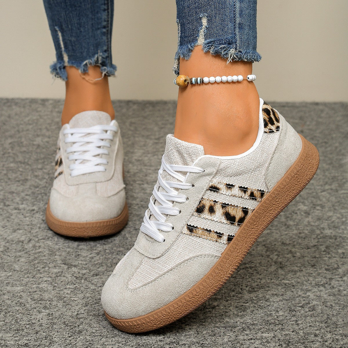 Springautumn New Vintage Leopard-print White Shoes Round-toe Lace-up Large-size Casual All-match Sneakers