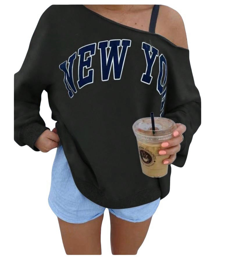 Women's Simple Letter Print Off-shoulder Long Sleeve Sweater