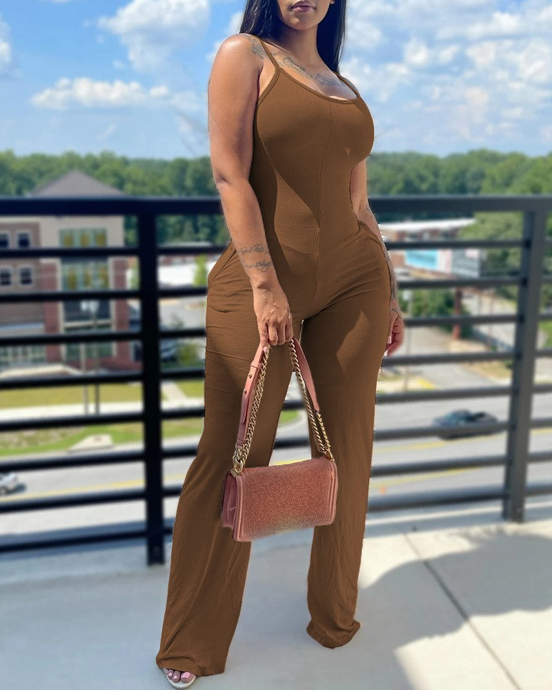 Women's Fashion Casual U-neck Spaghetti Straps Sleeveless Pocket Jumpsuit