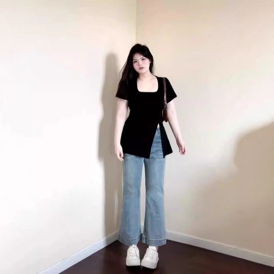 Black U-collar Shoulder Short Sleeve T-shirt Top