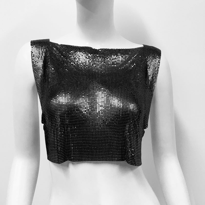 Summer Fashion Womens Metallic Halterneck T-shirt From Europe And The US