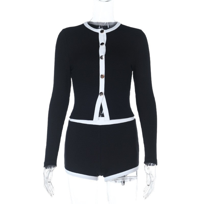 Womens Crew-neck Long-sleeve Single-breasted Top And Shorts Set