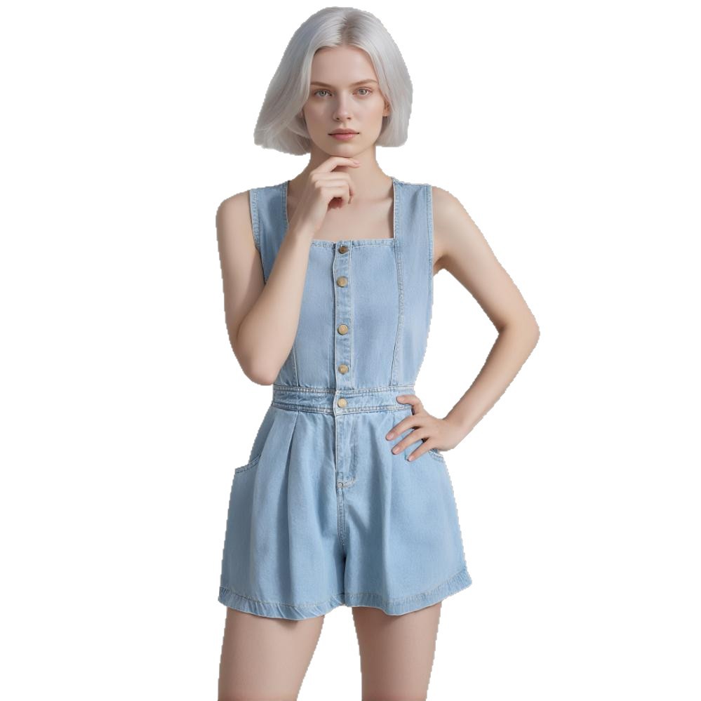 Hot Girl Strap Denim Jumpsuit Women's Back Slit Single-breasted High Waist Wide Leg Pants