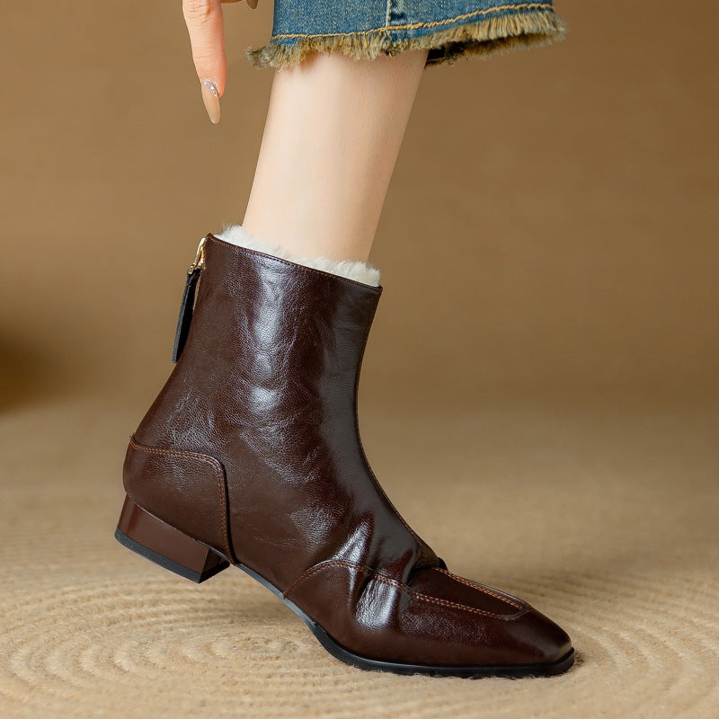Women's Cowhide Square-toe Warm Fleece-lined Thick Wool Short Boots