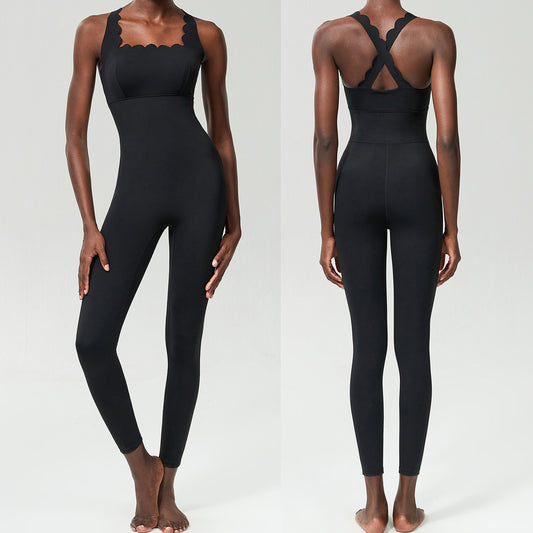 Tight-fitting Sports Yoga Bodysuit With A Crisscross Lace Design On The Back