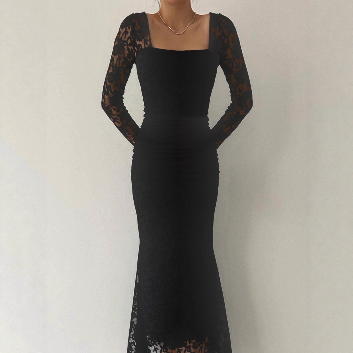 Elegant Lace-Patchwork Square-Neckline Slimming Pleated Maxi Dress