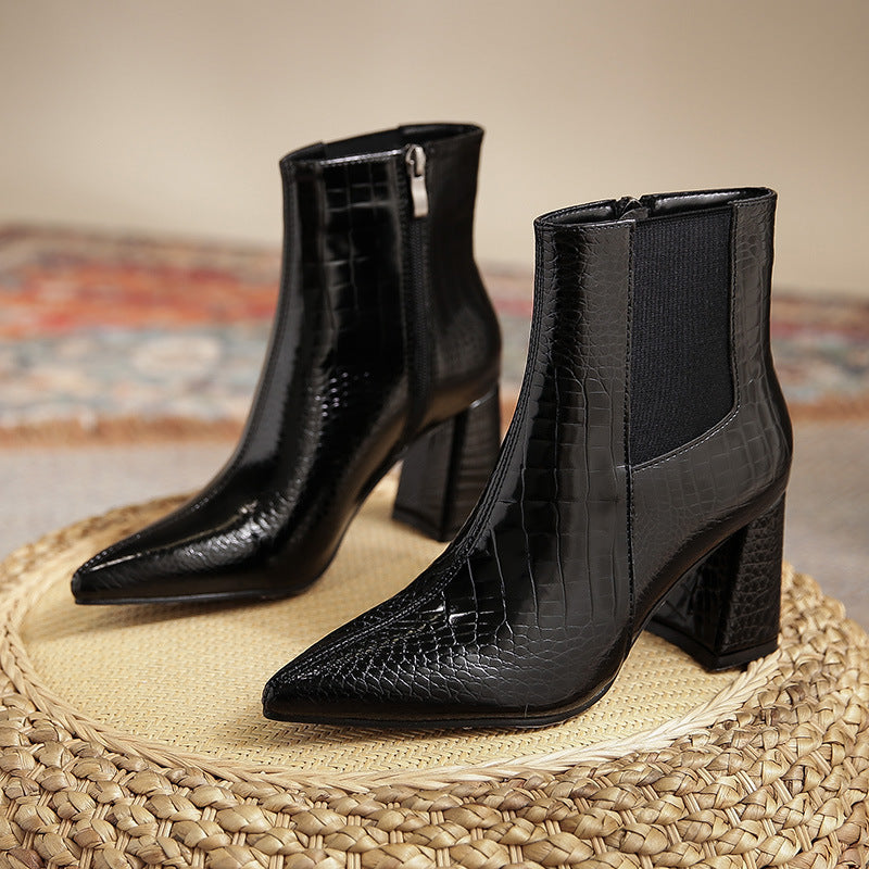 Women's Fashion Vintage Patent Leather Pointed Toe Martin Boots