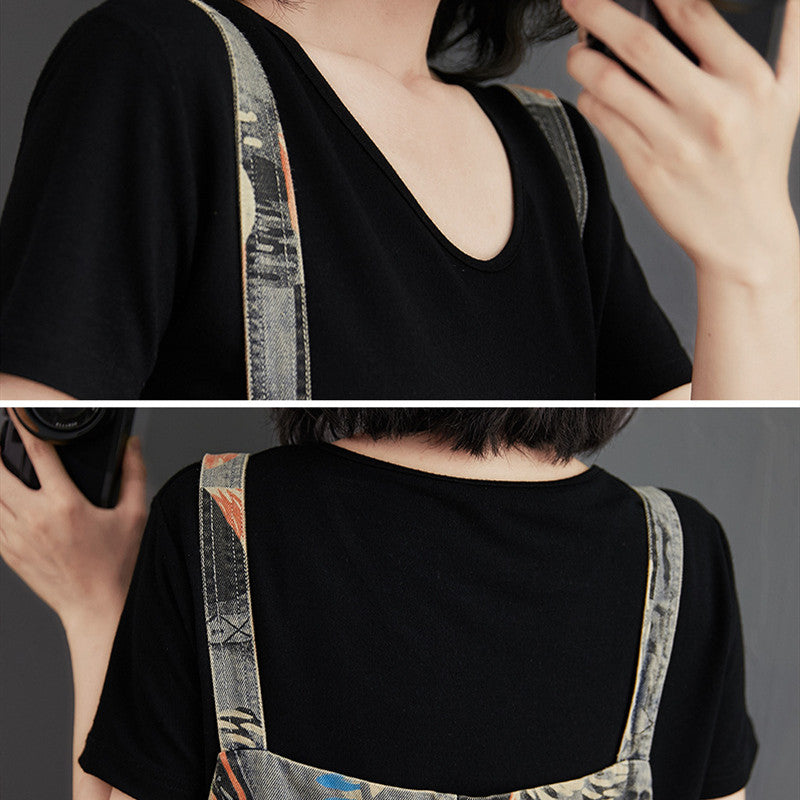 Summer Printed Denim Suspenders For Women