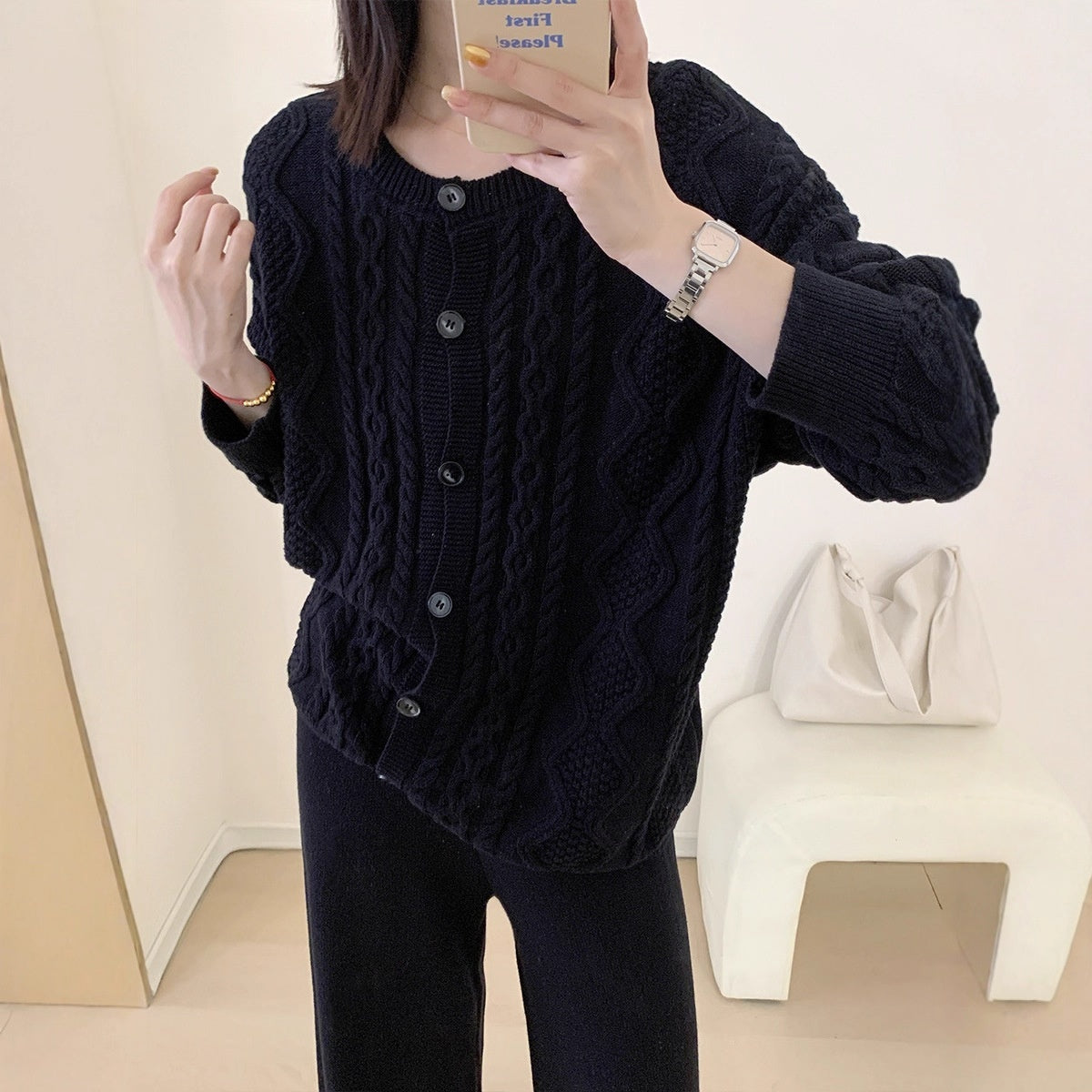 Gentle Knitted Trousers Suit Women's Sweater Cardigan High Waist Dress