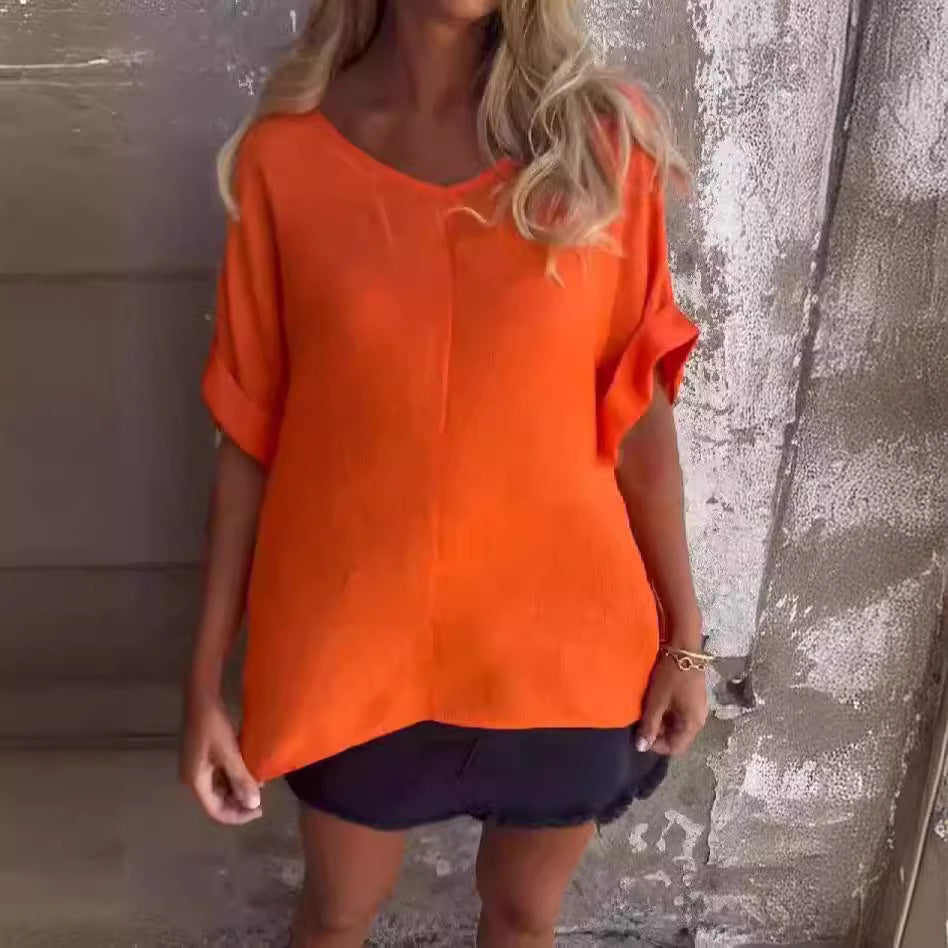 Women's Solid Color Versatile V-neck Loose Fitting Shirt