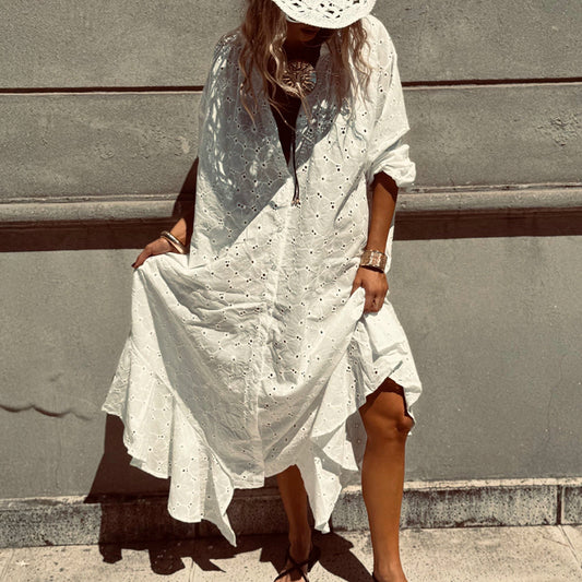Loose-fitting, Single-breasted Embroidery Dress With Ruffled Hem