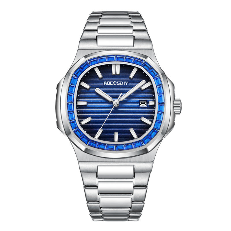 Men's Fashion Diamond Luminous Quartz Watch Waterproof Steel Belt