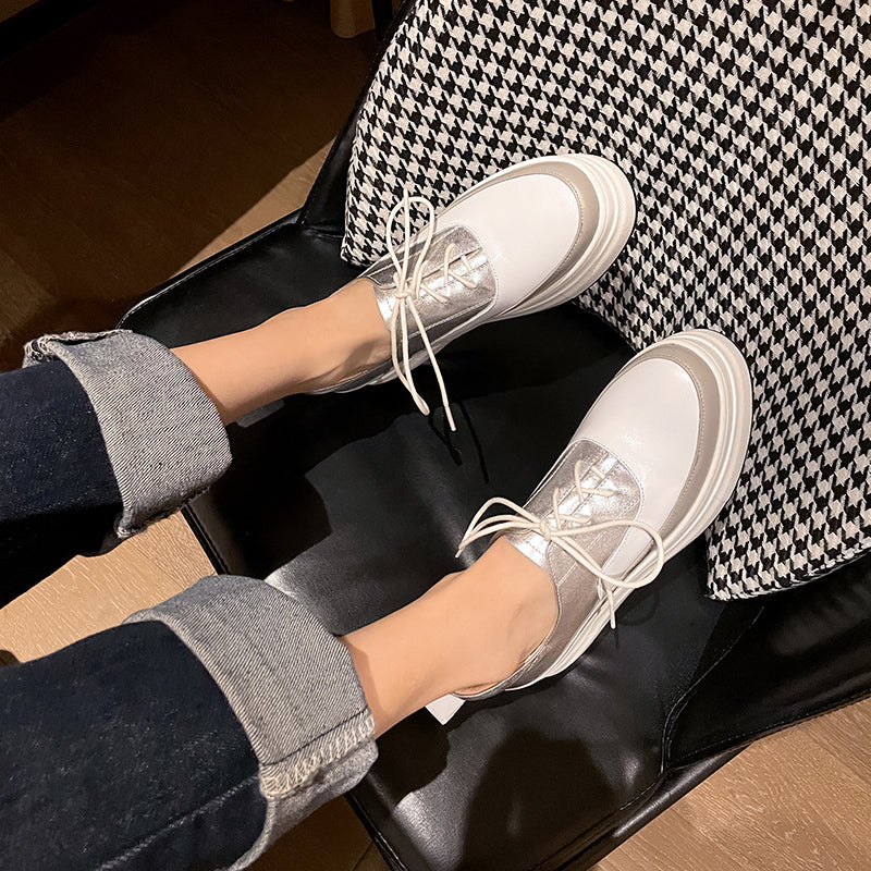 Women's Fashion Leather Color Matching Thick Sole Shoes