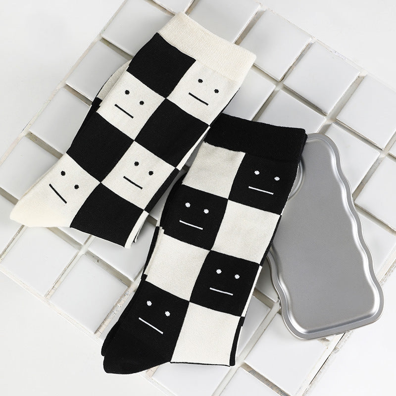 Black And White Plaid Simple And Stylish Casual Middle Tube Cotton Socks