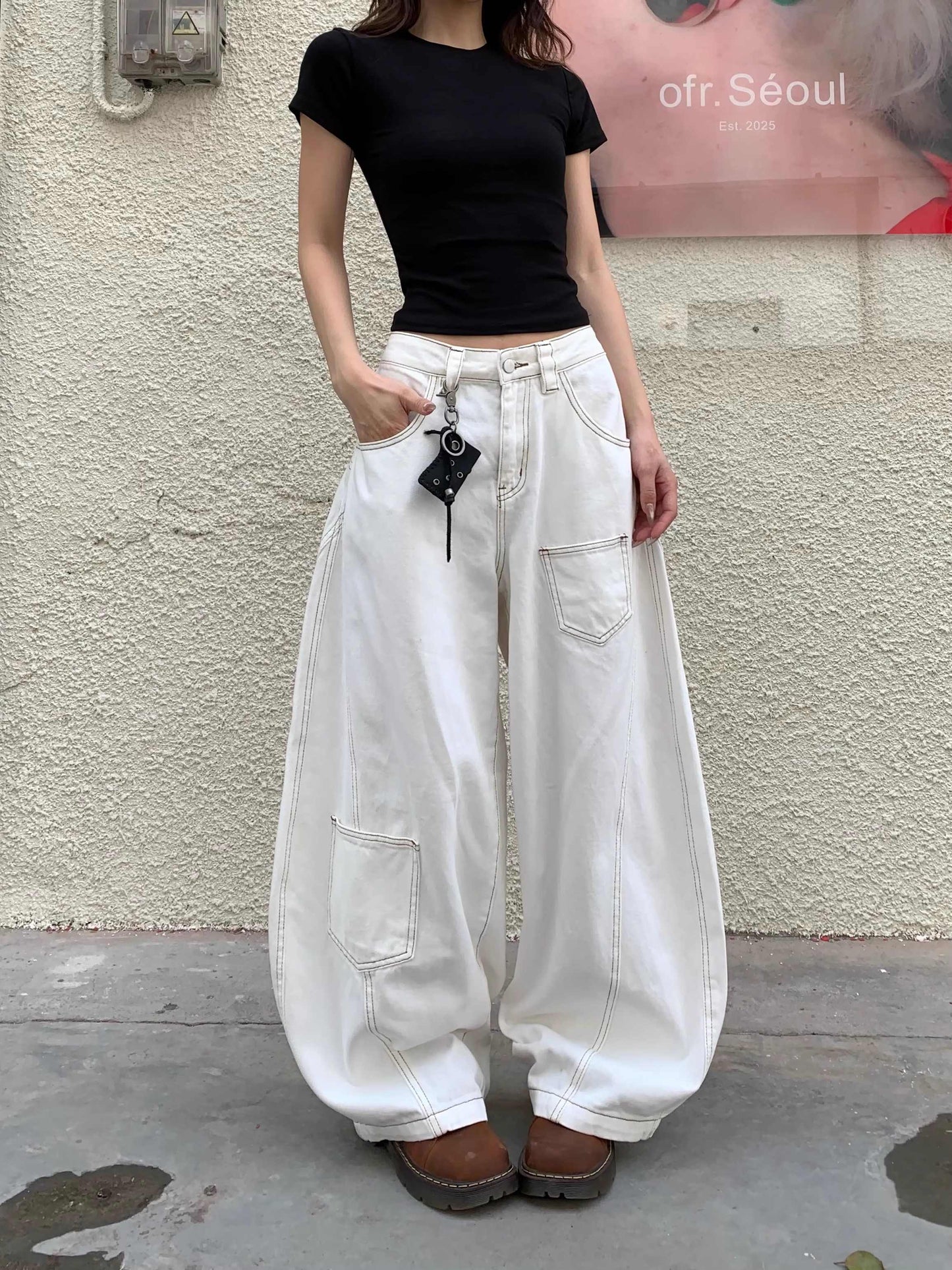 Women's Retro White Wide-leg Jeans