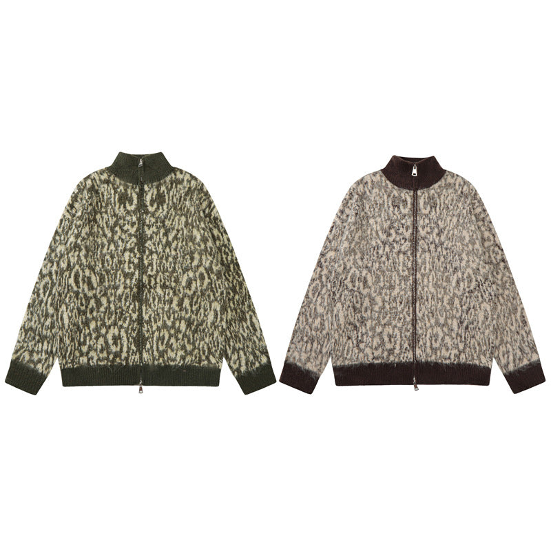 Double-headed Zipper Leopard Cardigan Sweater American Retro