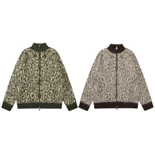 Double-headed Zipper Leopard Cardigan Sweater American Retro