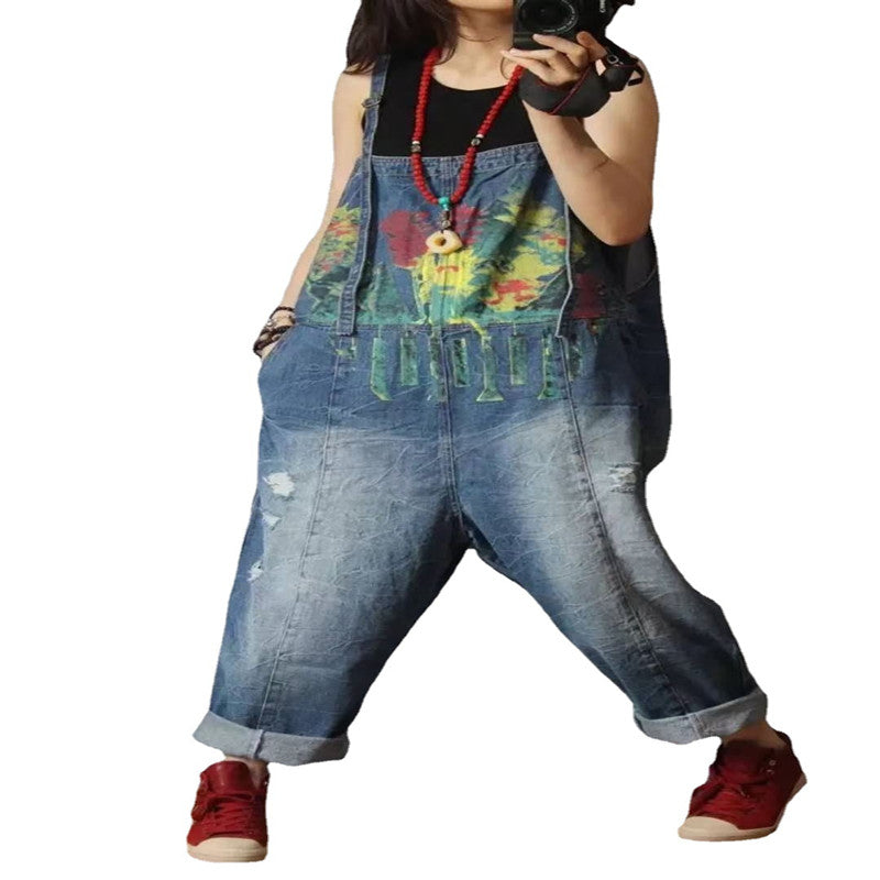Women's Spring And Summer New Retro Print Denim Overalls