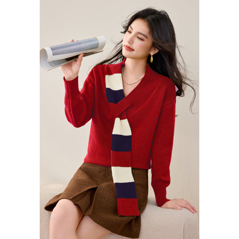 Niche Stribet V-hals Sweater Dame Alsidig Falsk Todelt Frakke