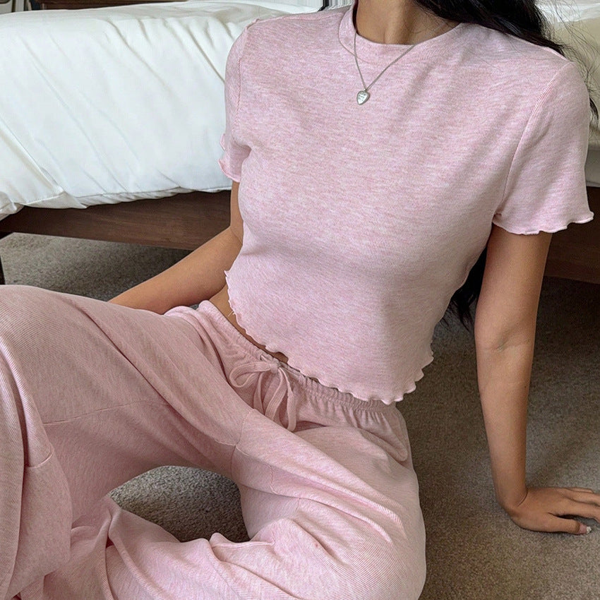 Plain Pink Striped Top And Pants Womens Pajama Set