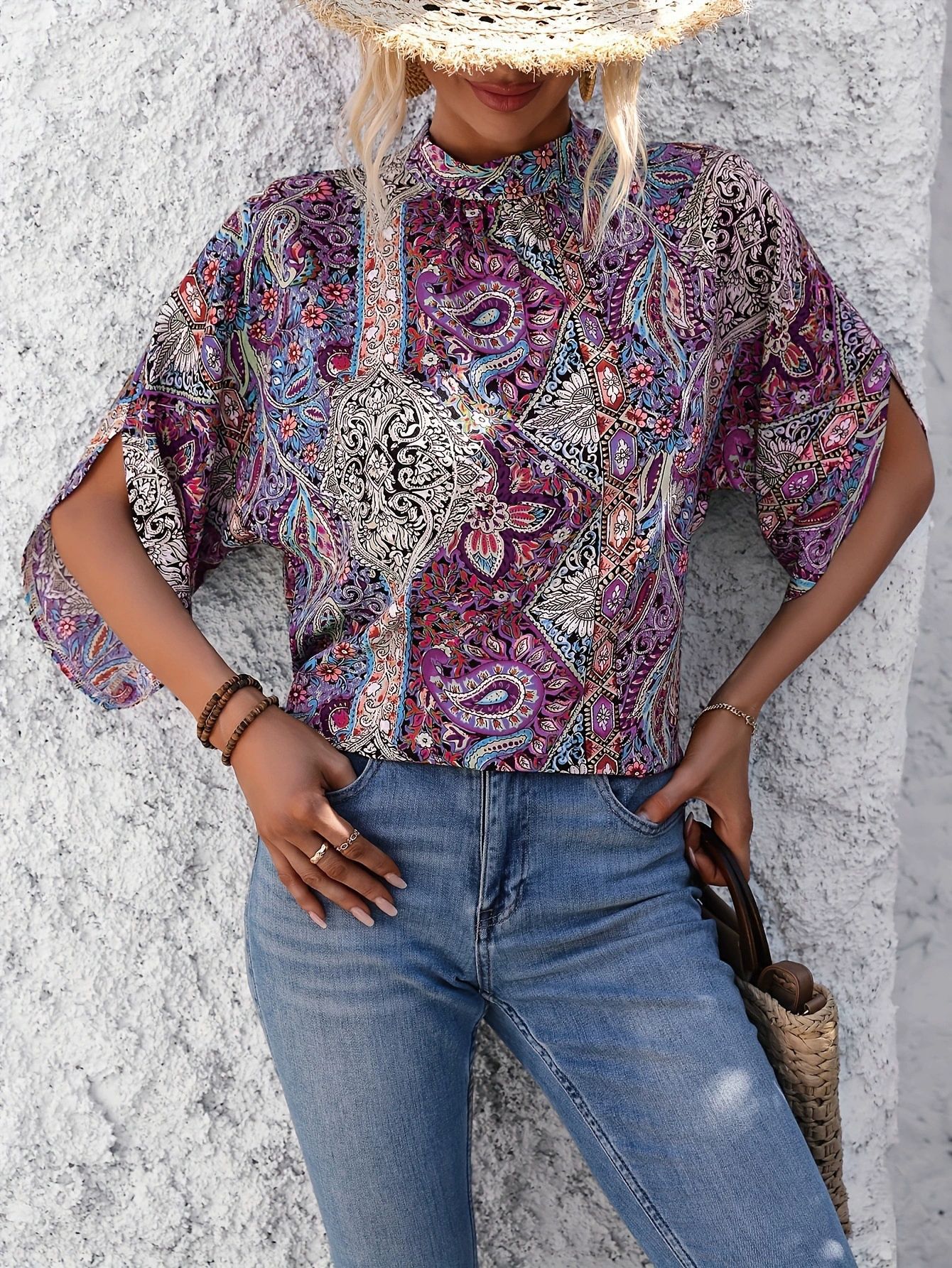 Paisley-print V-neck Loose-fit Long-sleeve Womens Blouseundershirt