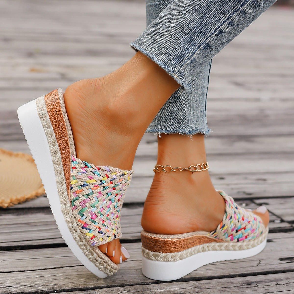 Women's Thick-soled Fish Mouth Color Slippers With Hemp Rope