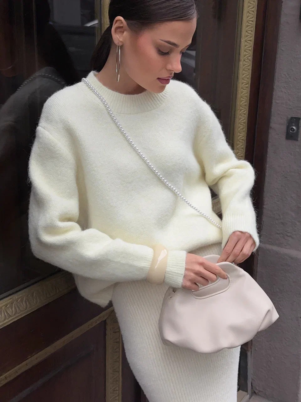 Short-length Gray Pullover Women's Alpaca Round Neck Sweater