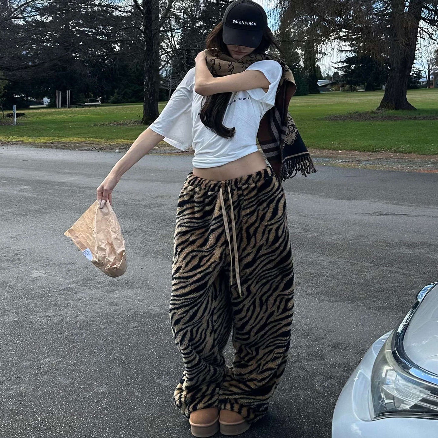 French Retro Flannel Tiger-Print Pajama Pants
