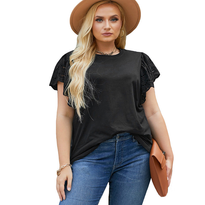 Female Lace Hollow Out Versatile Casual Short Sleeved Shirt