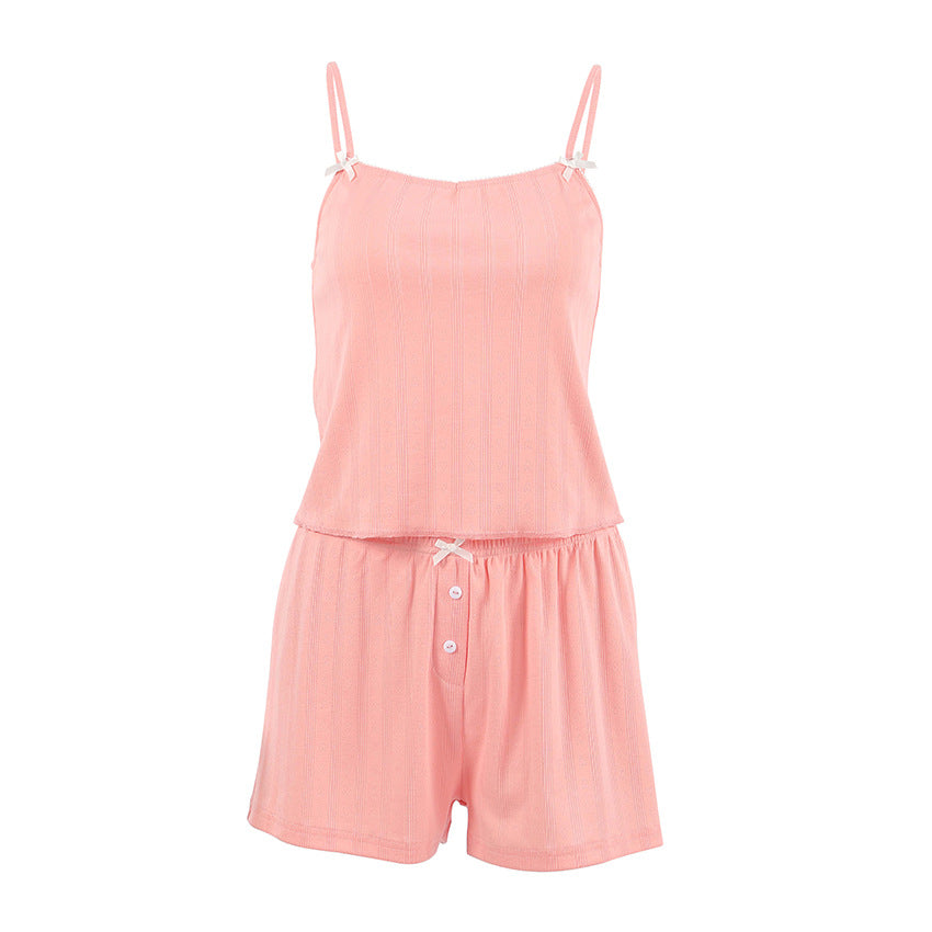 Knitted Jacquard Hollow-Out Breathable Comfortable Cami Shorts Pajama Set Loungewear