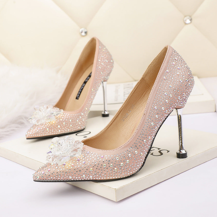 Fashion Pointed Shallow Mouth Rhinestone Sexy High Heels Look Thin