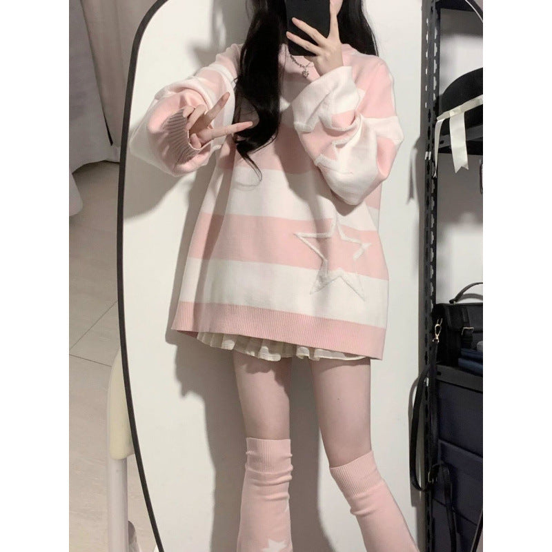 College Style Sweet Cute Stripes XINGX Sweater