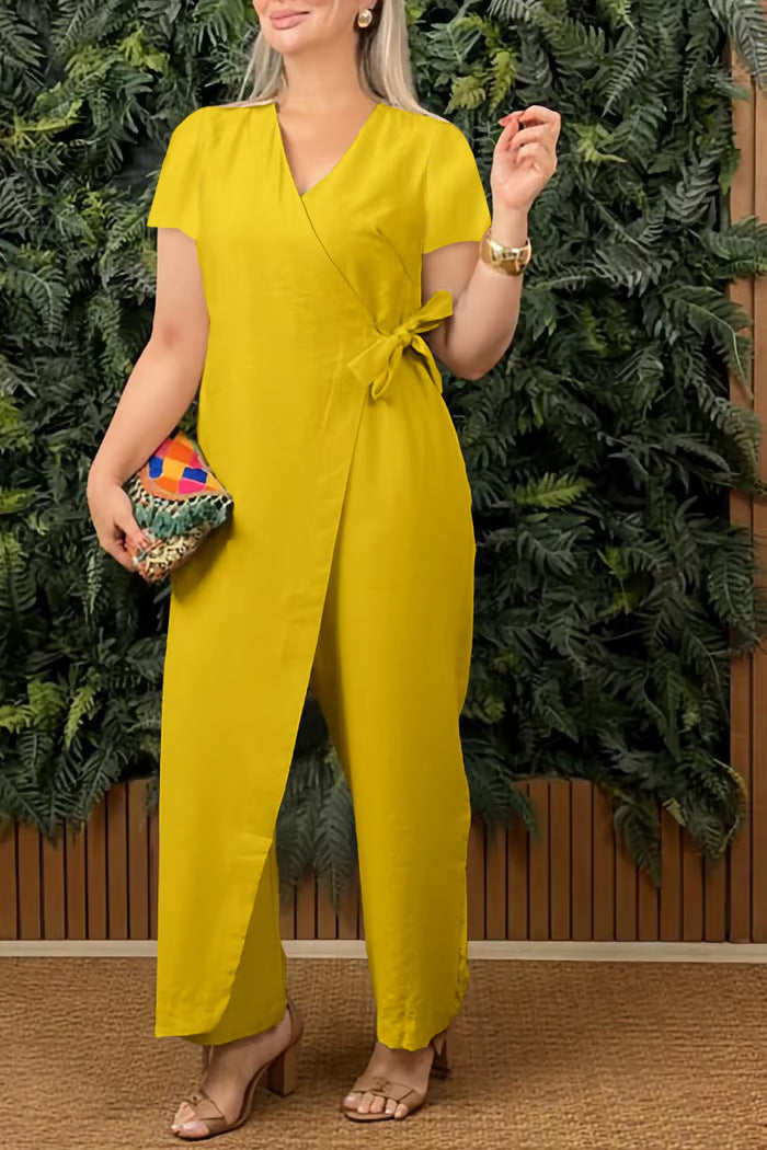 Women's Casual Loose V-neck Cross-strap Jumpsuit