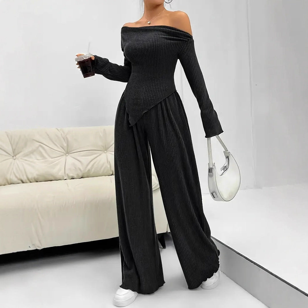 Solid-color Elegant Off-shoulder Sleeveless Shirt And Wide-leg Pants Set For Women