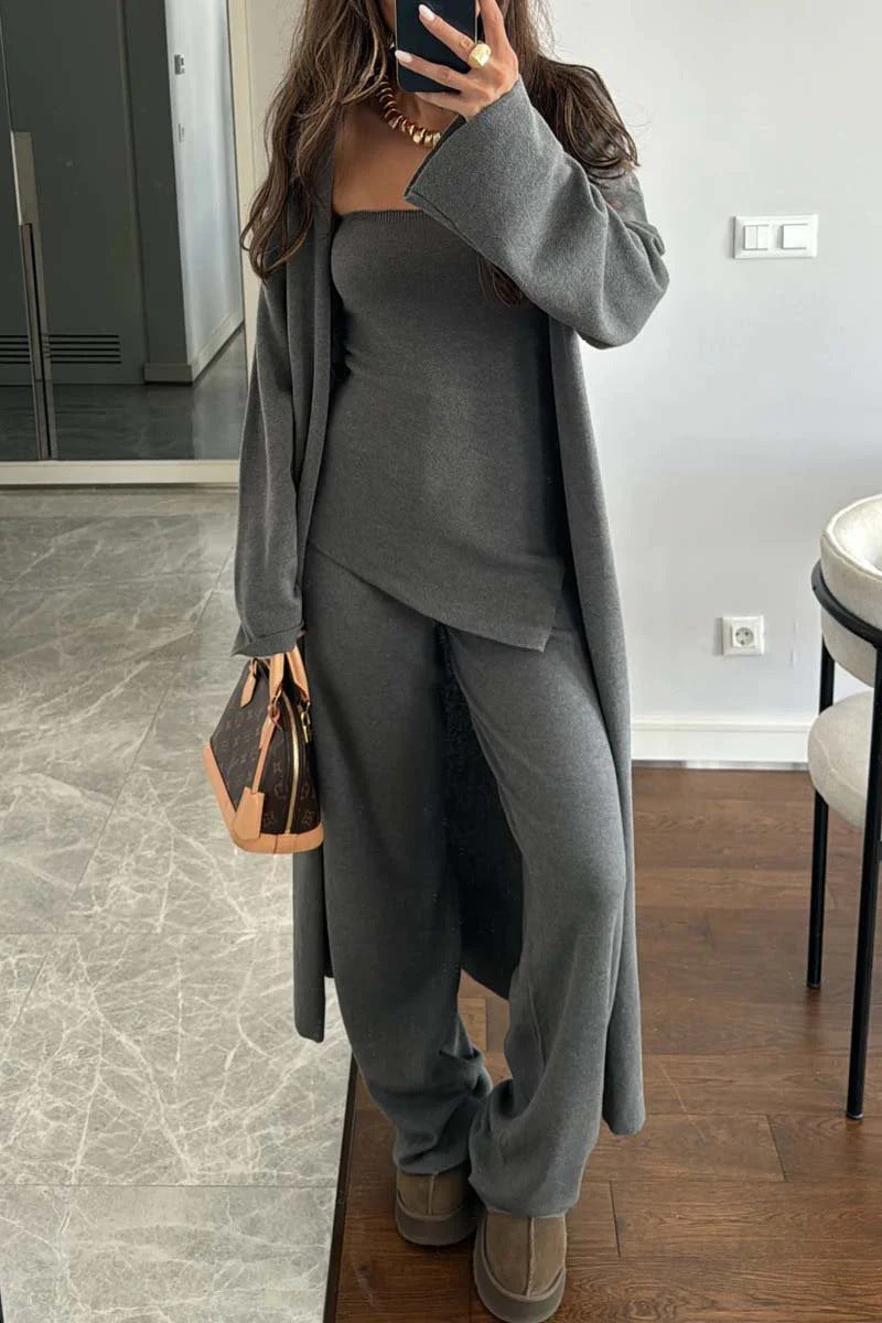 New Style Casual Solid Color Knitted Three-Piece Set Loose Long Coat And Wide-Leg Pants For Women