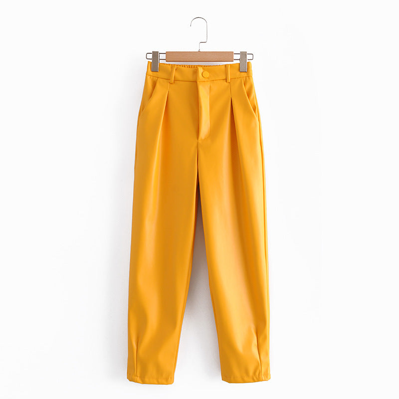 Spring New Imitation Leather Elastic Waist PU Trousers