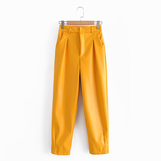 Spring New Imitation Leather Elastic Waist PU Trousers