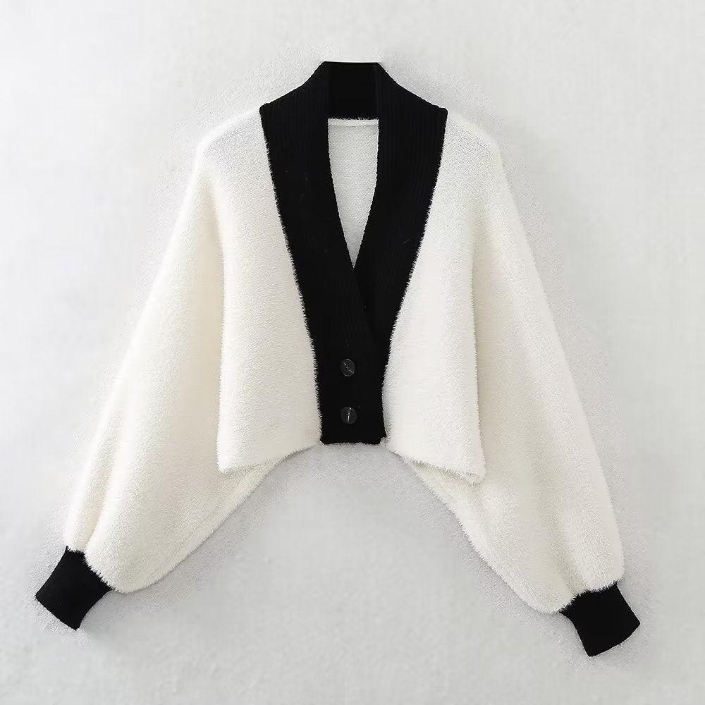 Autumn And Winter New Contrast Color Batwing Shirt Knitted Coat Sweater