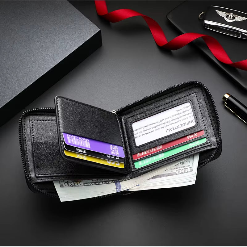 2025 New Cross-Border Men'S Wallet Short Horizontal Zipper Leather Wallet Zero Wallet Retro Leisure Buckle Square Bag