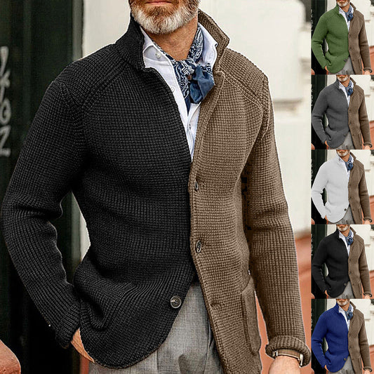 Color Blocked Slim Stand Collar Long Sleeve Knitted Coat