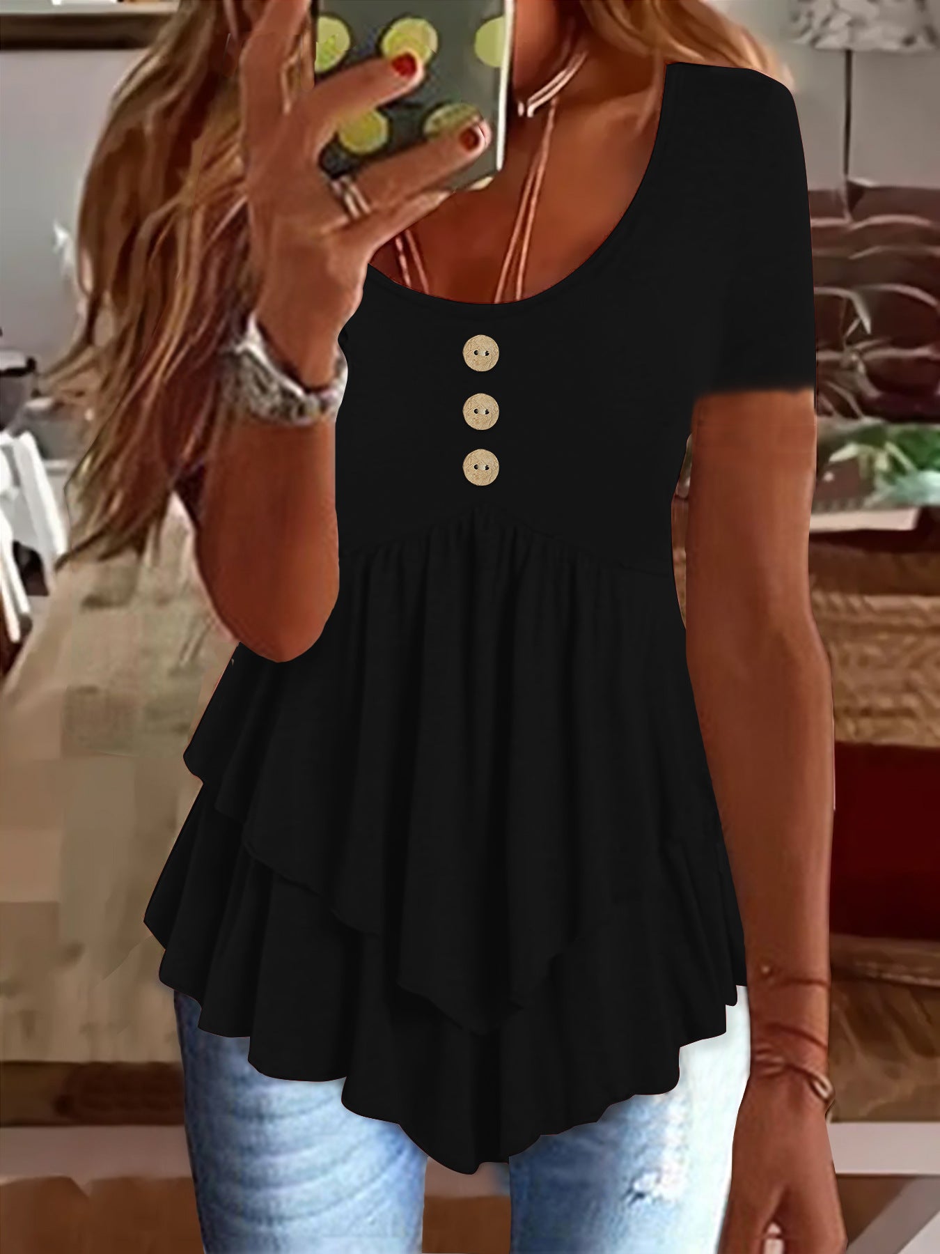 Fashion Three-button Casual Solid Color Short Sleeve