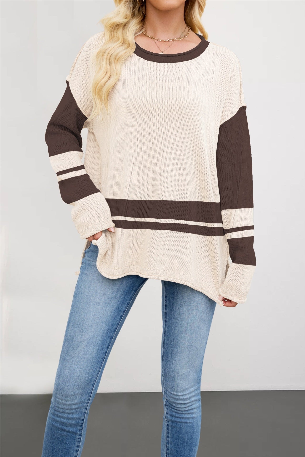 Color-block Crew Neck Loose Versatile Jumper