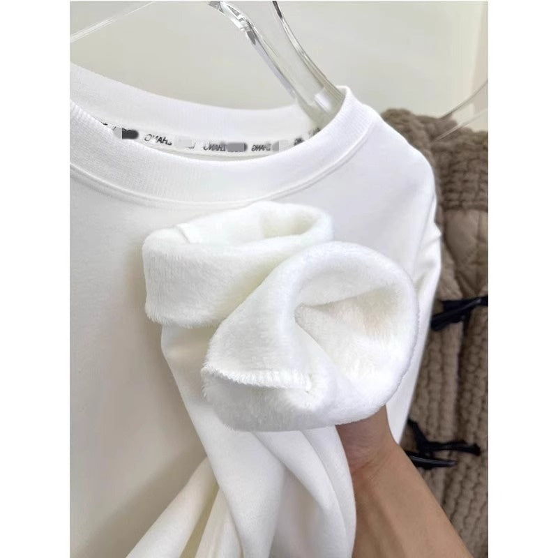 Plus Velvet Hvid Bundskjorte Dame Inder Match Mellemlang Løs T-shirt