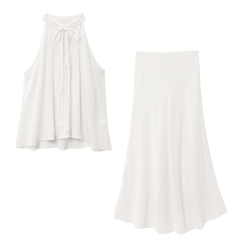 Linen Casual Suit Hanging Neck Casual Top Half Skirt