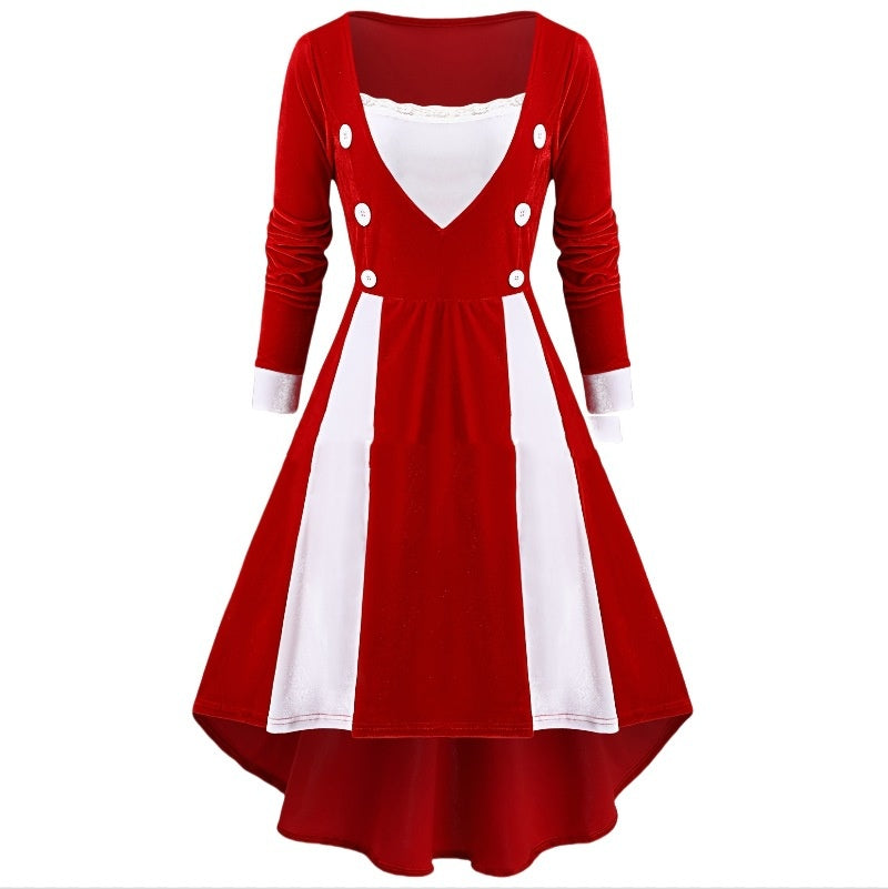 Fashionable Faux-Button Lace Contrast-Color Asymmetrical Velvet Christmas Dress