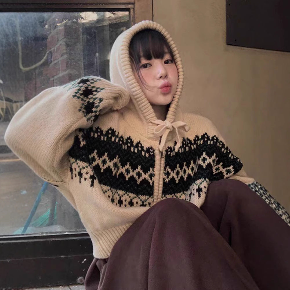 Hættetrøje Cardigan med Kontrastfarver, Fair Isle Jacquard, Løstsiddende, Lange Ærmer, Europæisk Stil