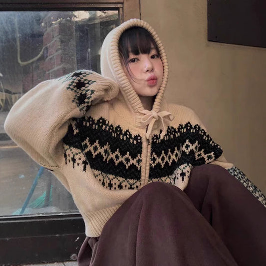 European Style Contrast Color Fair Island Jacquard Loose-fitting Long Sleeve Hoodie Sweater Coat