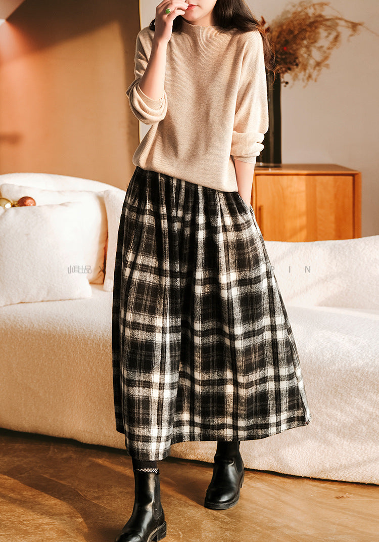 Thickened Woolen Elastic Waist Plaid Skirt Retro Artistic A Line Skirt For Women